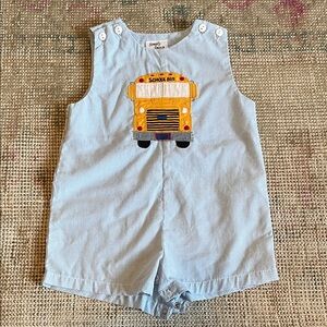 Simply Smock Blue Gingham Kids Jon Jon with School Bus - size 6 mos
